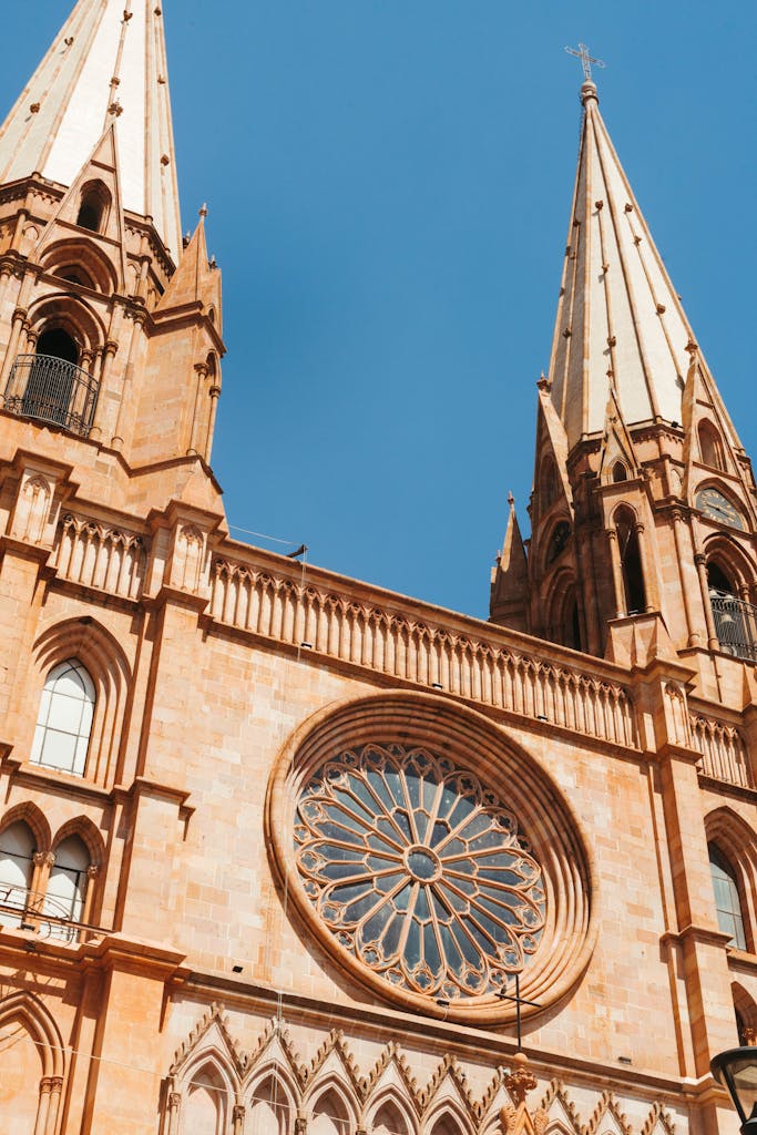 Stunning view of the Guadalajara Cathedral showcasing its iconic spires and beautiful rose window.